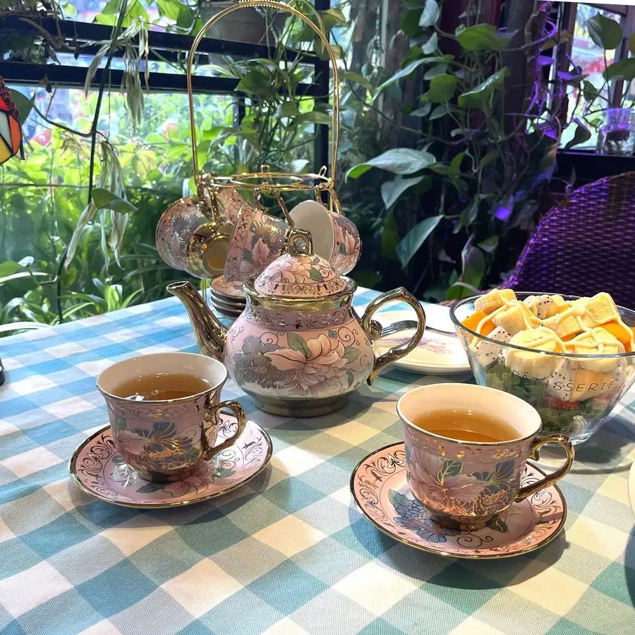 European Floral Tea Set with Metal Holder