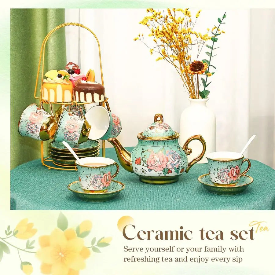 European Porcelain Tea Set with Holder