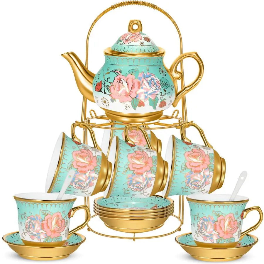European Porcelain Tea Set with Holder