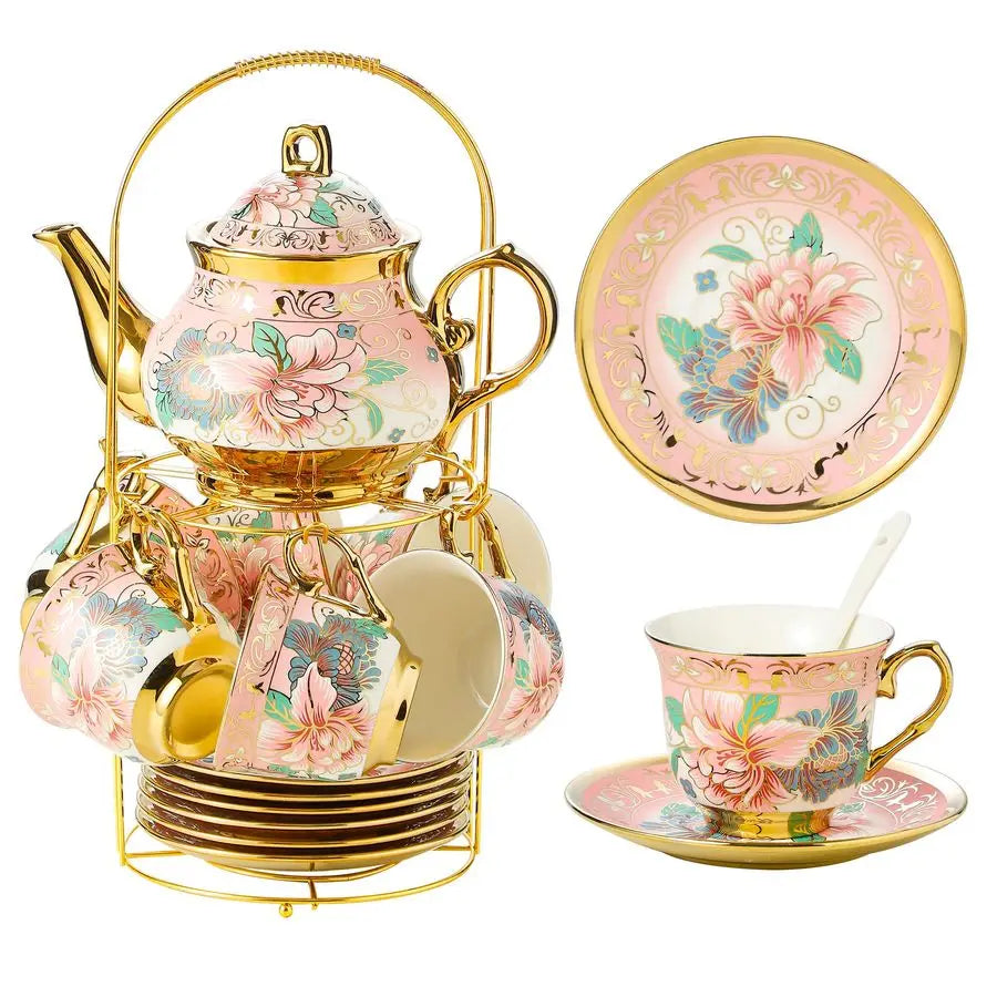 European Floral Tea Set with Metal Holder