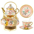 European Floral Tea Set with Metal Holder