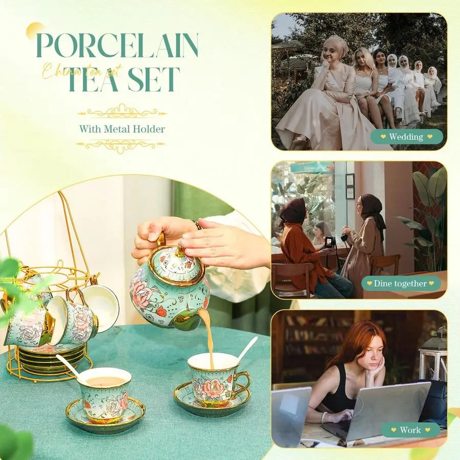 European Porcelain Tea Set with Holder