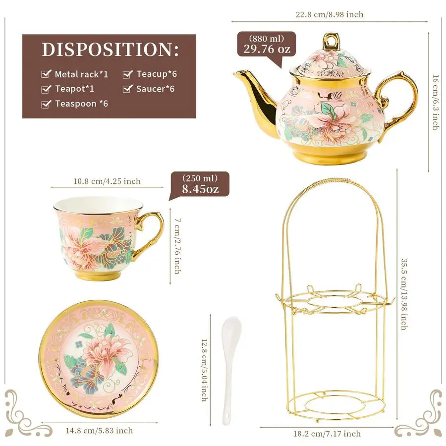 European Floral Tea Set with Metal Holder