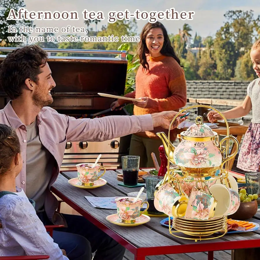 European Floral Tea Set with Metal Holder