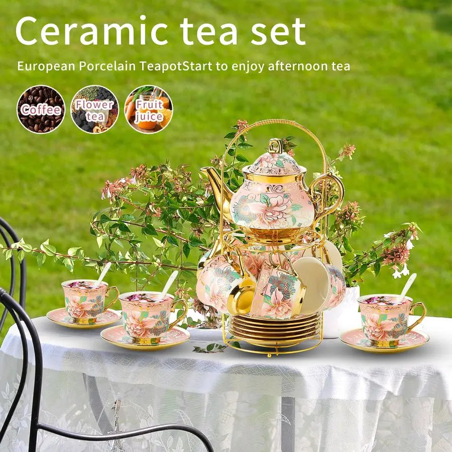 European Floral Tea Set with Metal Holder
