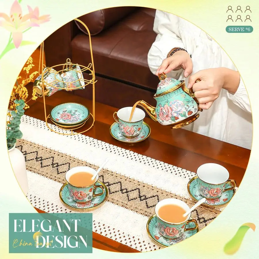 European Porcelain Tea Set with Holder